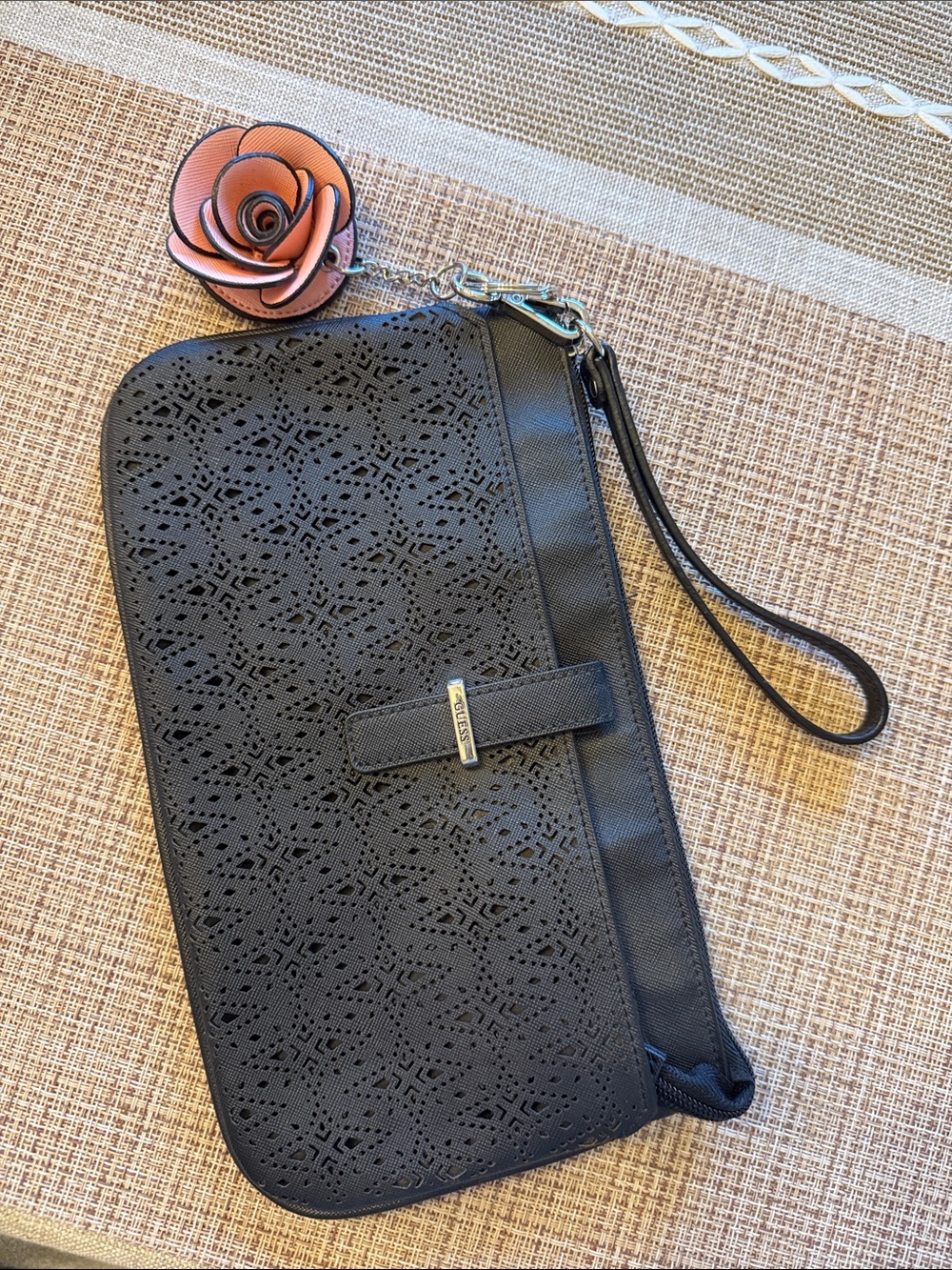 Guess Black Wristlet Clutch with Pink Rose Charm